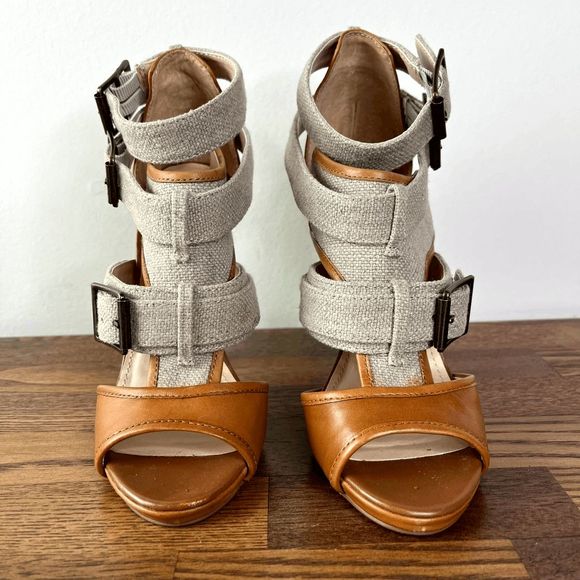 Shoemint Style Brenda Size 5 Leather Upper Fabric Canvas Tan Brown Heels - Picture 8 of 9